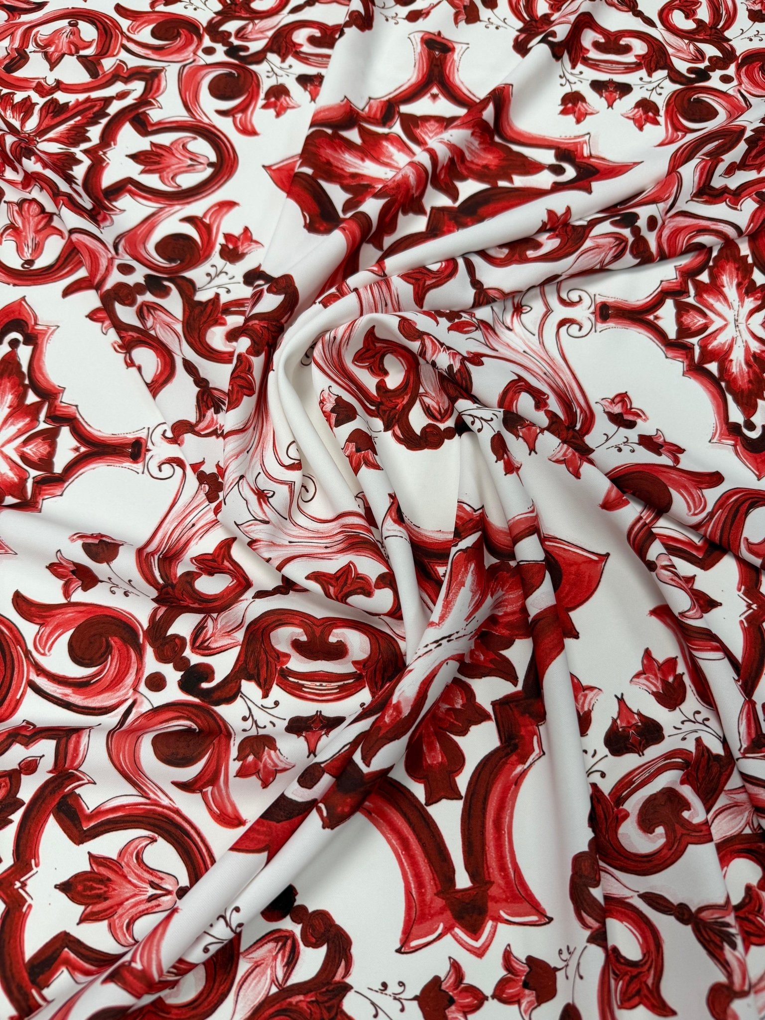 Red Baroque Tile Print Crepe Fabric by the Metre - Whotex Fabrics London