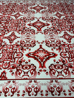 Red Baroque Tile Print Crepe Fabric by the Metre - Whotex Fabrics London