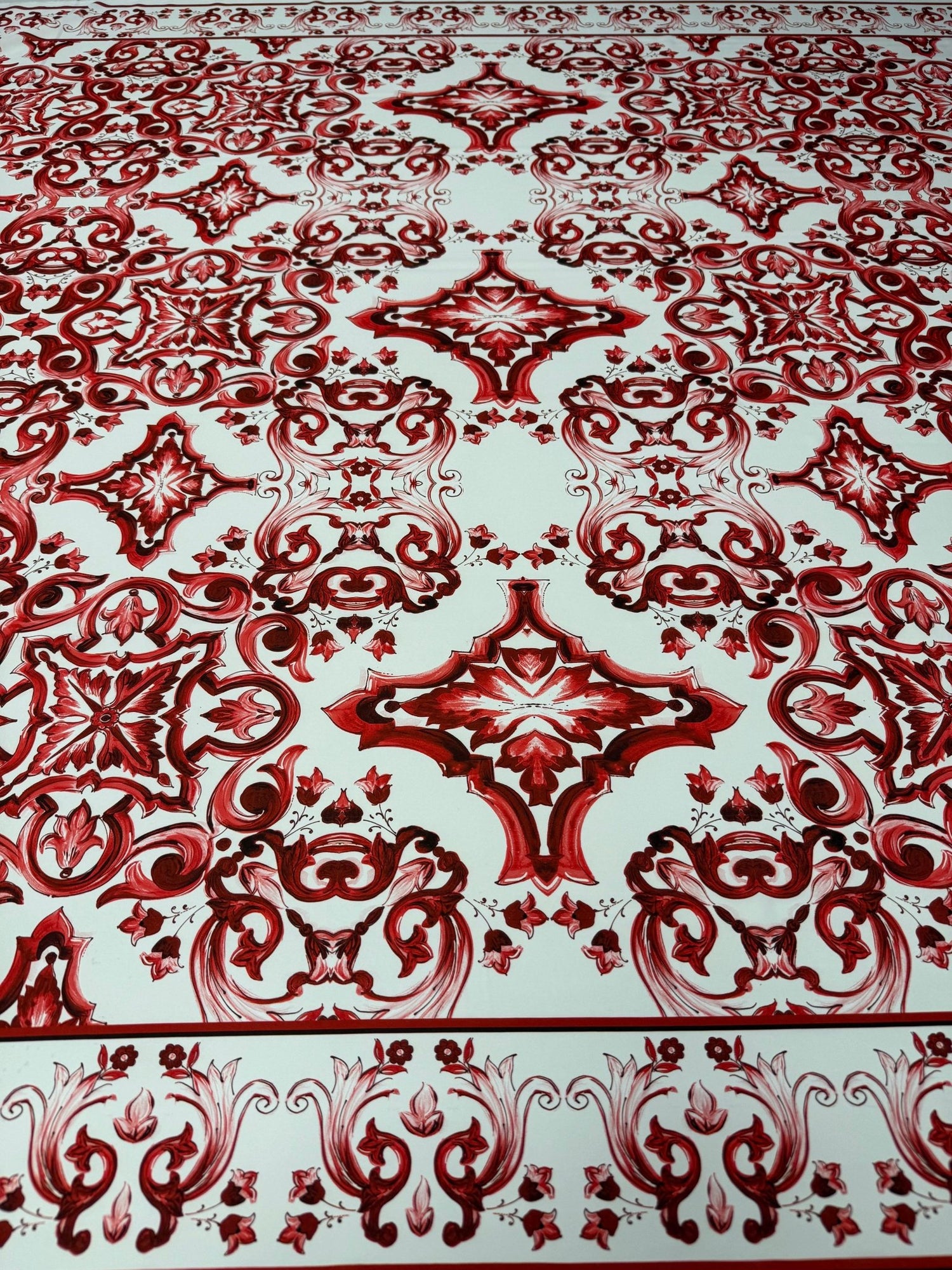 Red Baroque Tile Print Crepe Fabric by the Metre - Whotex Fabrics London