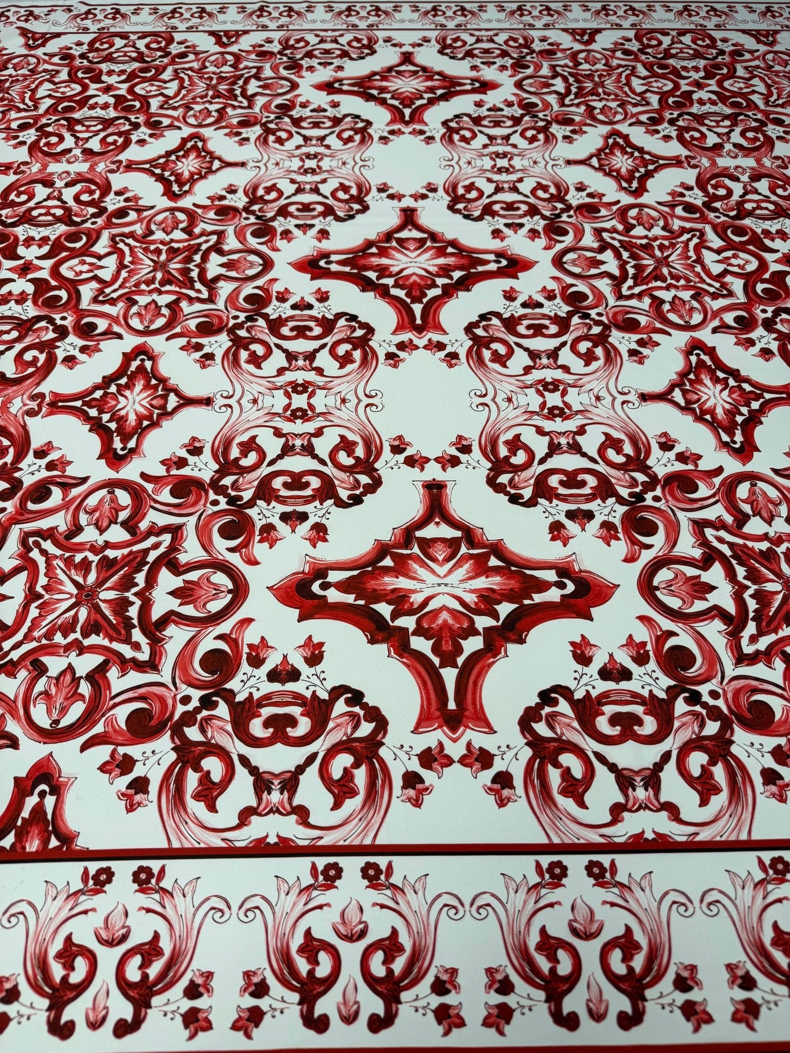 Red Baroque Tile Print Crepe Fabric by the Metre - Whotex Fabrics London