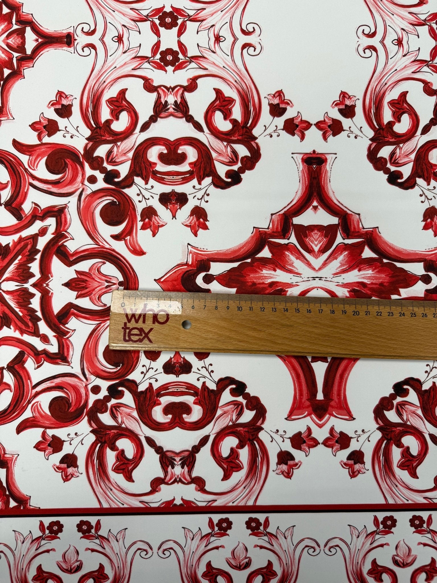 Red Baroque Tile Print Crepe Fabric by the Metre - Whotex Fabrics London