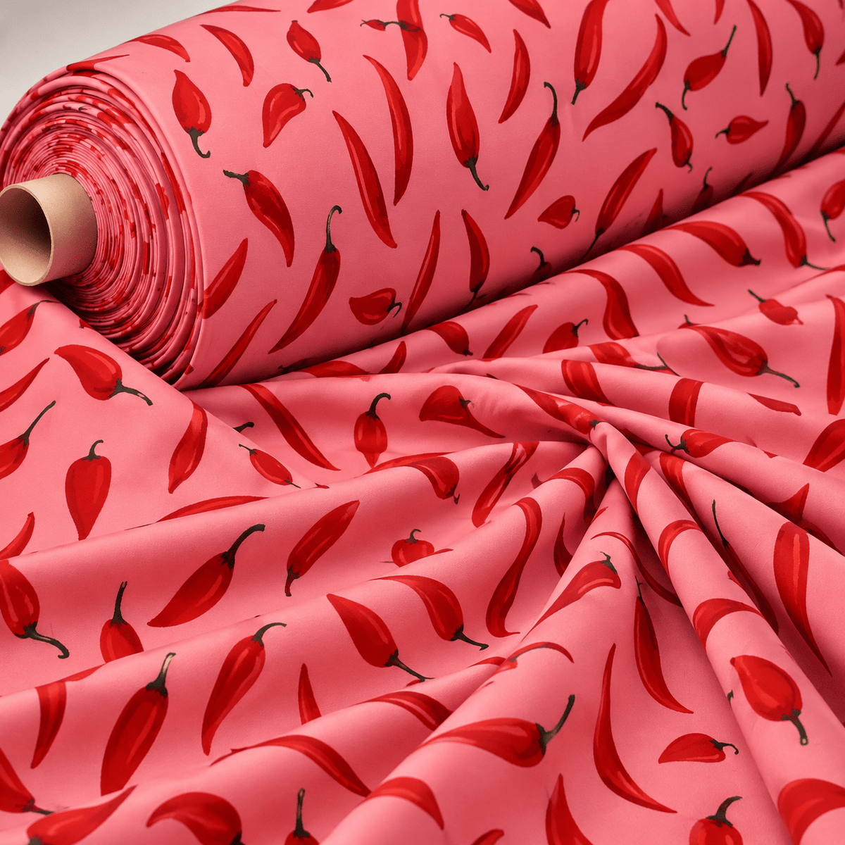 Red Chilli Pepper Print Fabric on Pink by the Metre - Whotex Fabrics London