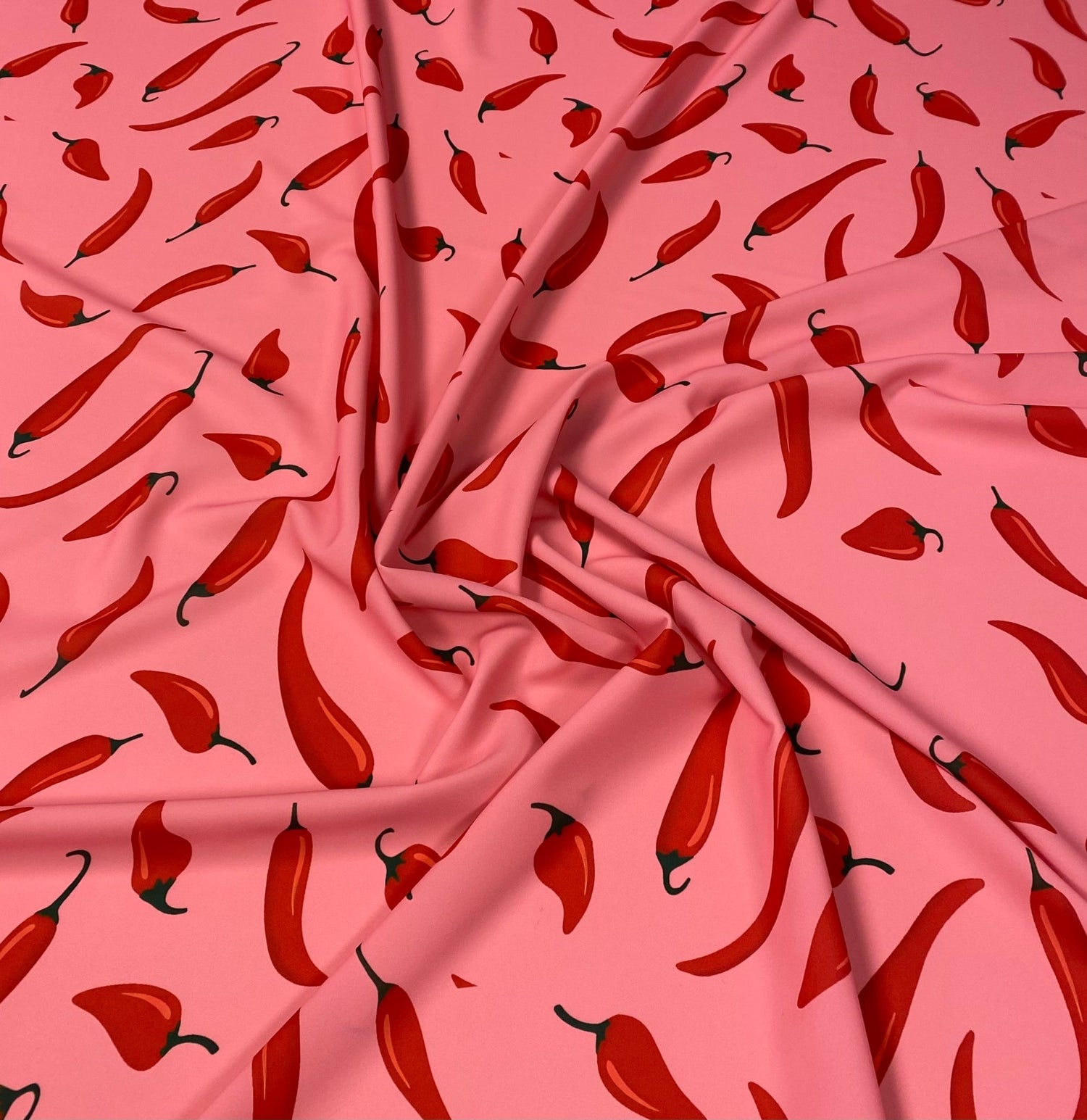 Red Chilli Pepper Print Fabric on Pink by the Metre - Whotex Fabrics London