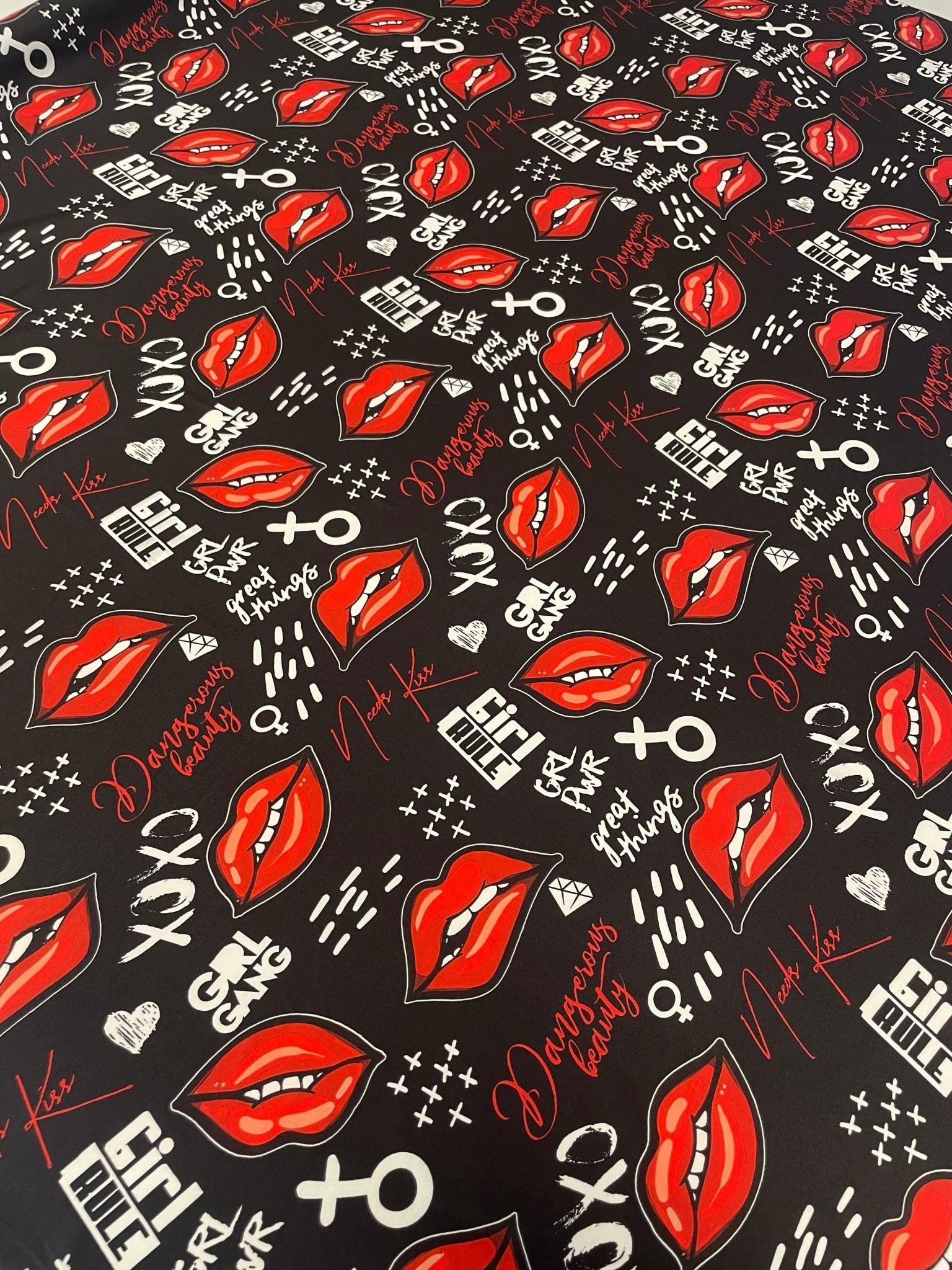 Red Lips Print Fabric by the Metre – Black Base - Whotex Fabrics London