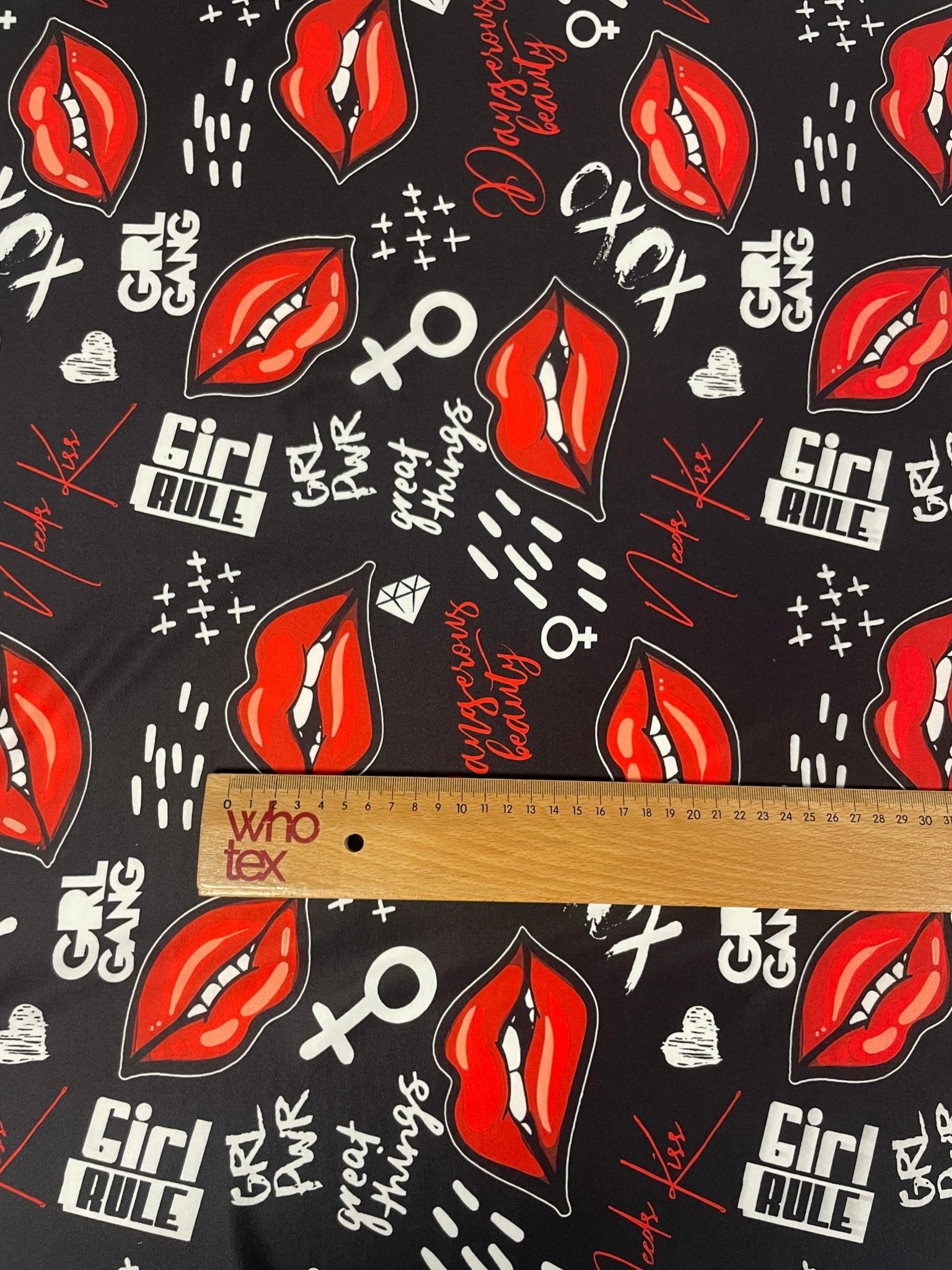 Red Lips Print Fabric by the Metre – Black Base - Whotex Fabrics London