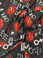 Red Lips Print Lycra Stretch Fabric by the Metre – Black Base - Whotex Fabrics London