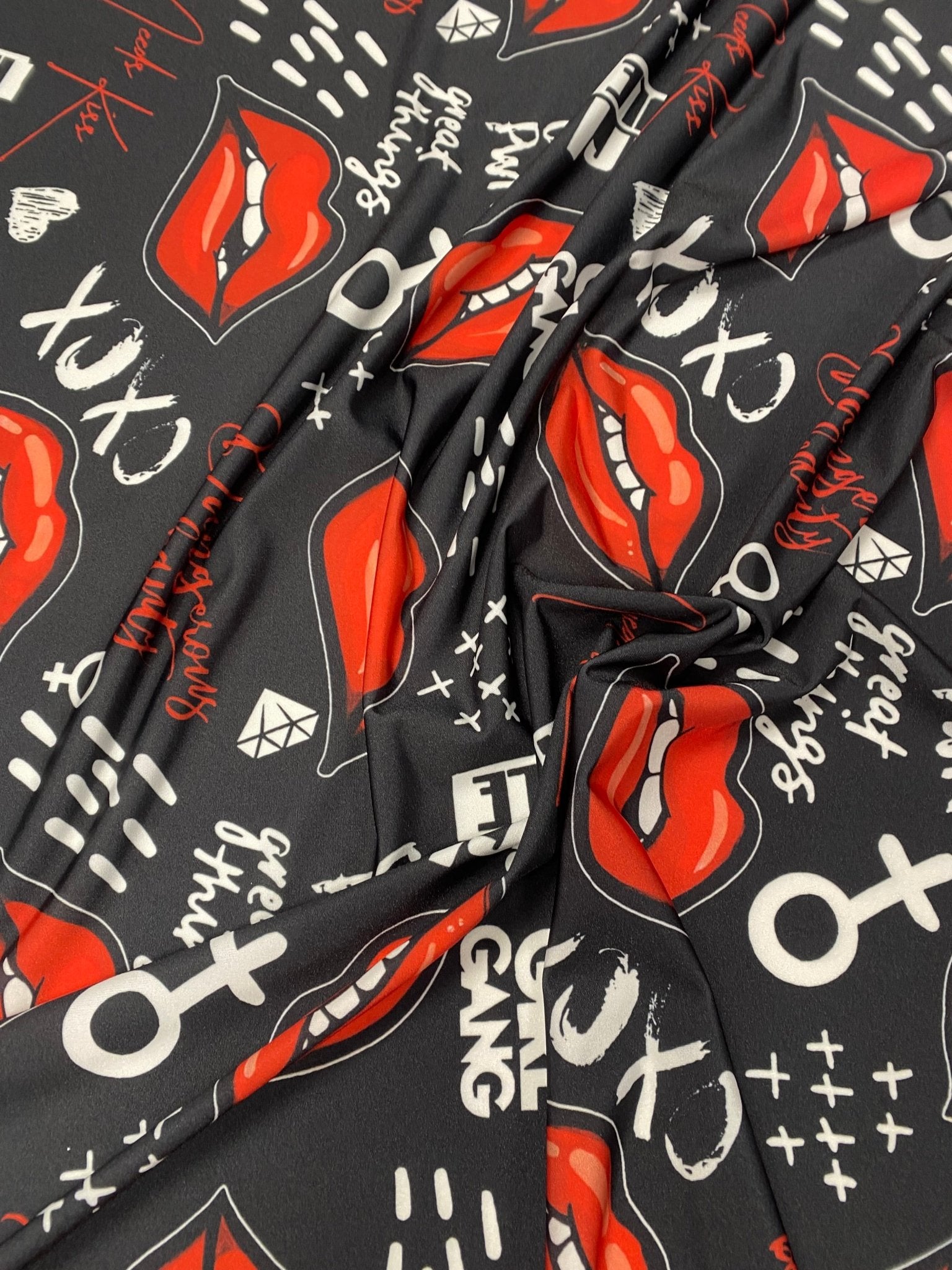 Red Lips Print Lycra Stretch Fabric by the Metre – Black Base - Whotex Fabrics London