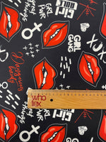 Red Lips Print Lycra Stretch Fabric by the Metre – Black Base - Whotex Fabrics London