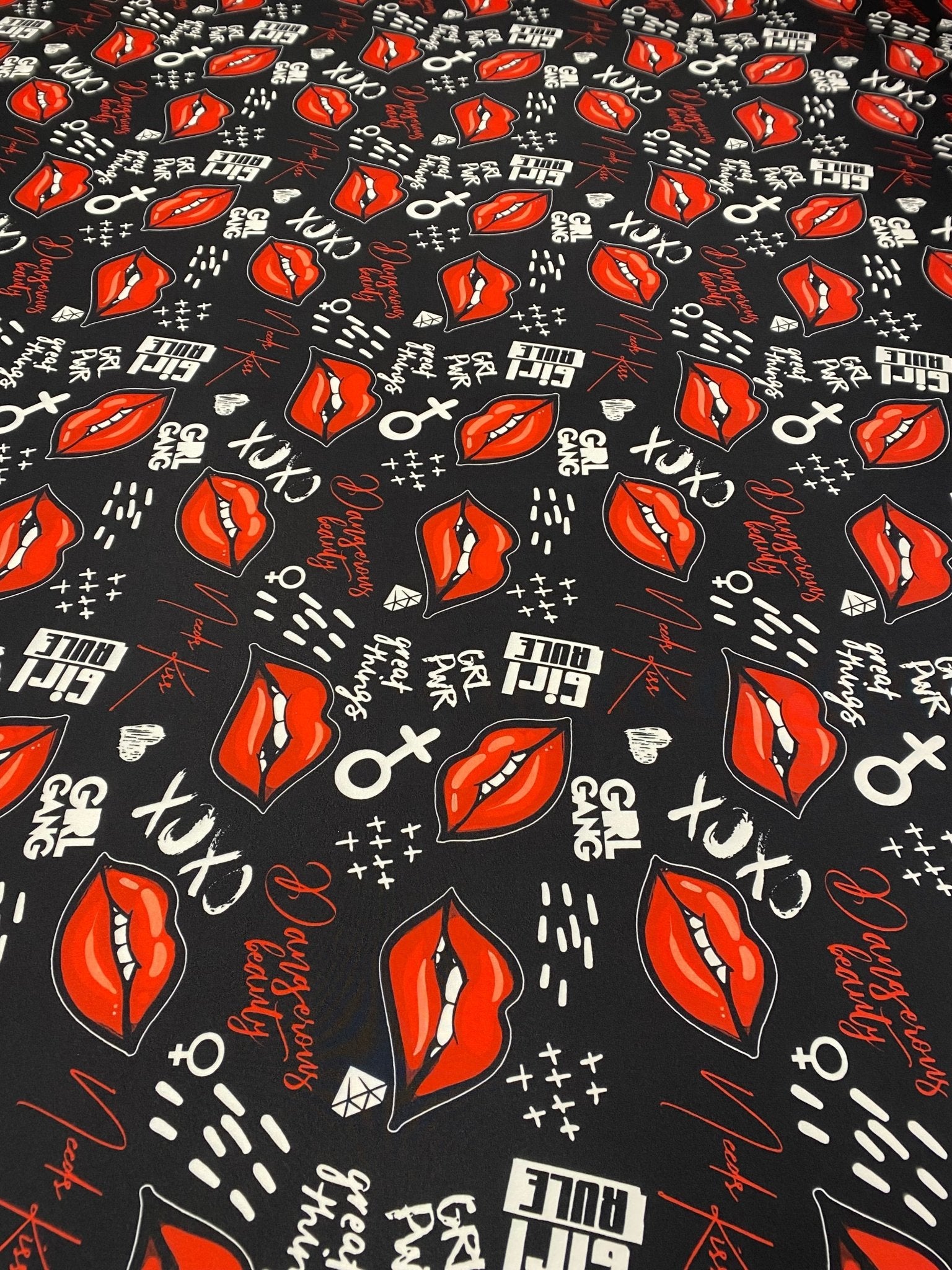 Red Lips Print Lycra Stretch Fabric by the Metre – Black Base - Whotex Fabrics London