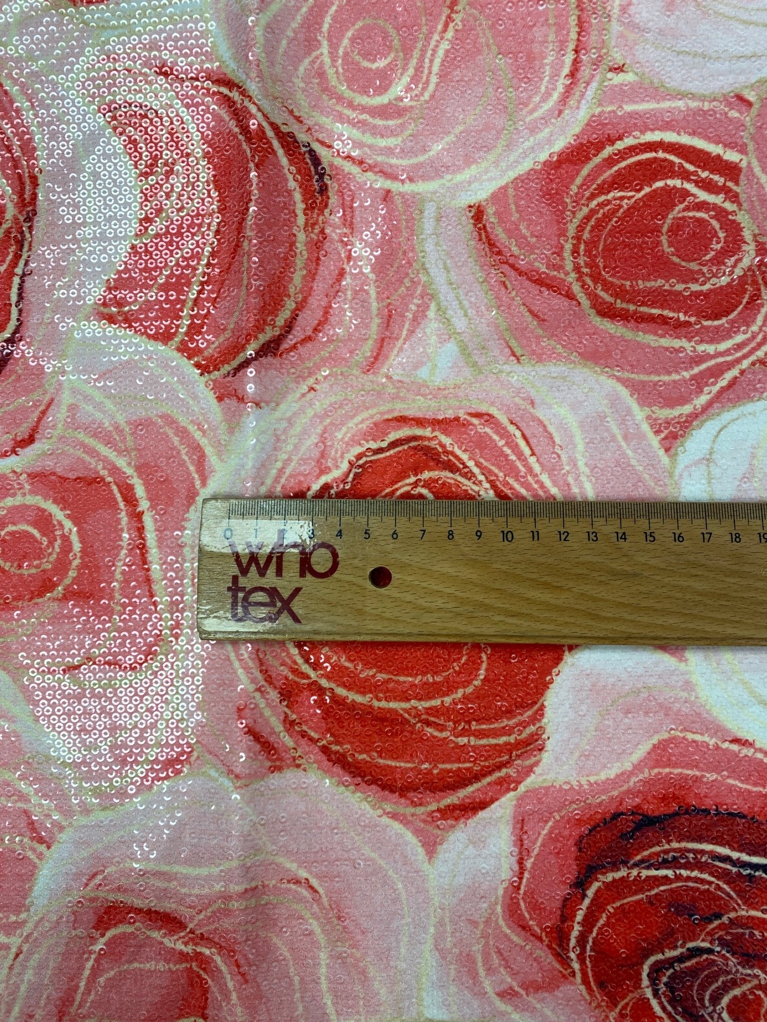 Red Pink Abstract Sequin Fabric by the Metre - Whotex Fabrics London