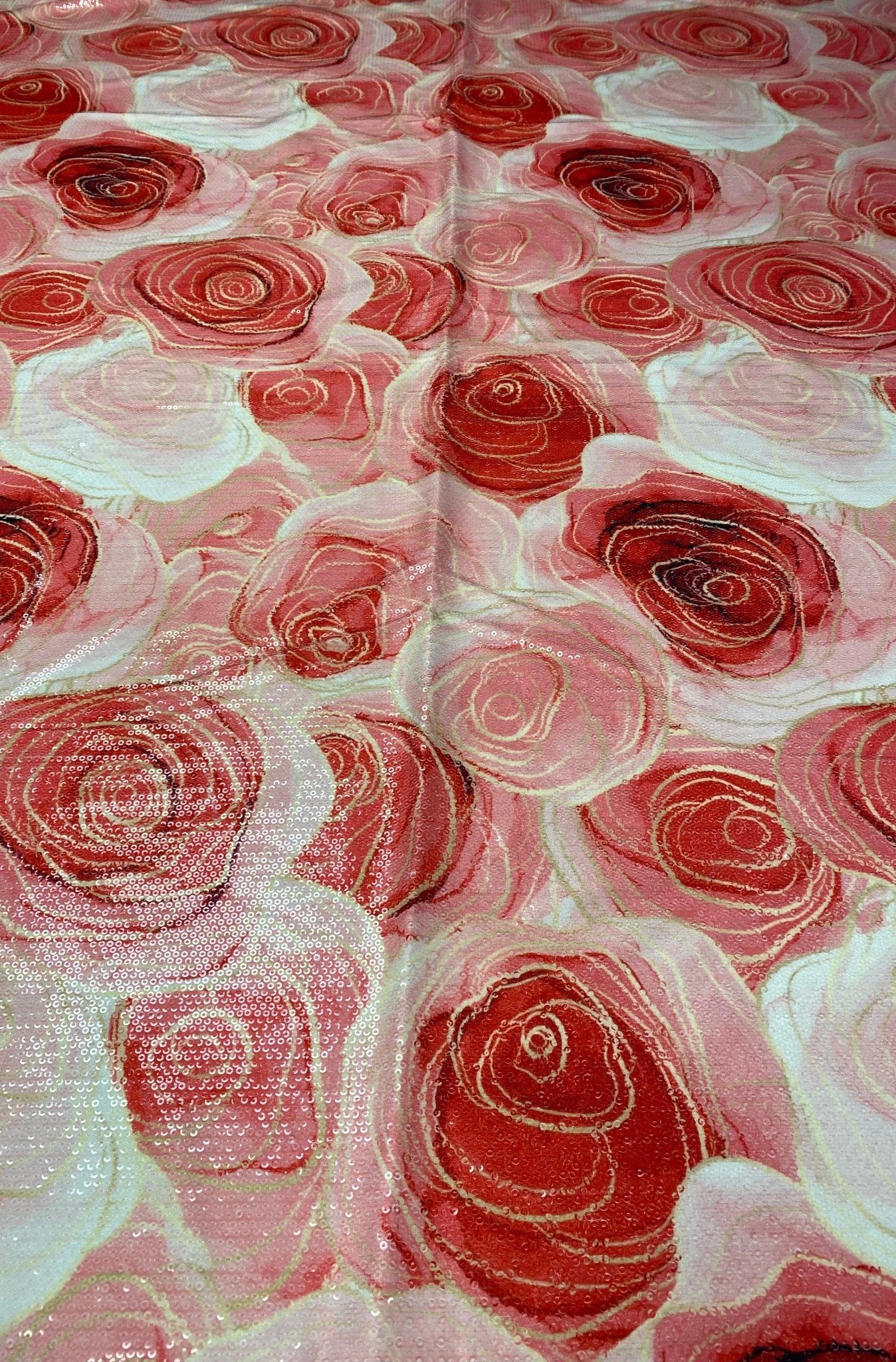 Red Pink Abstract Sequin Fabric by the Metre - Whotex Fabrics London