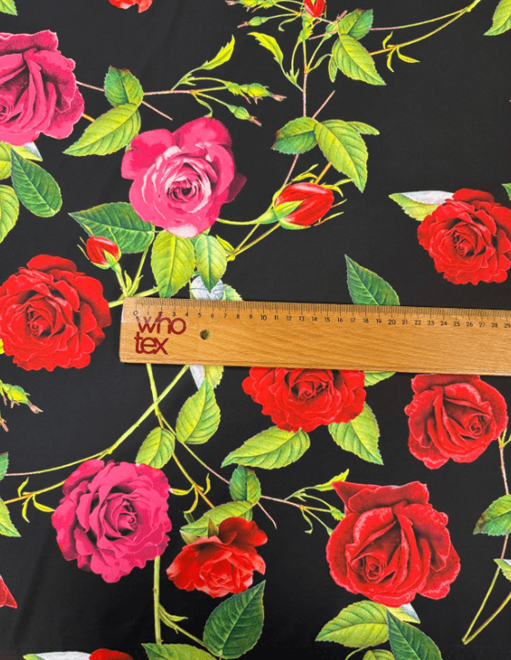 Red & Pink Rose Crepe Fabric by the Metre - Whotex Fabrics London