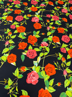Red & Pink Roses on Black Organic Cotton Poplin Fabric by the Metre - Whotex Fabrics London