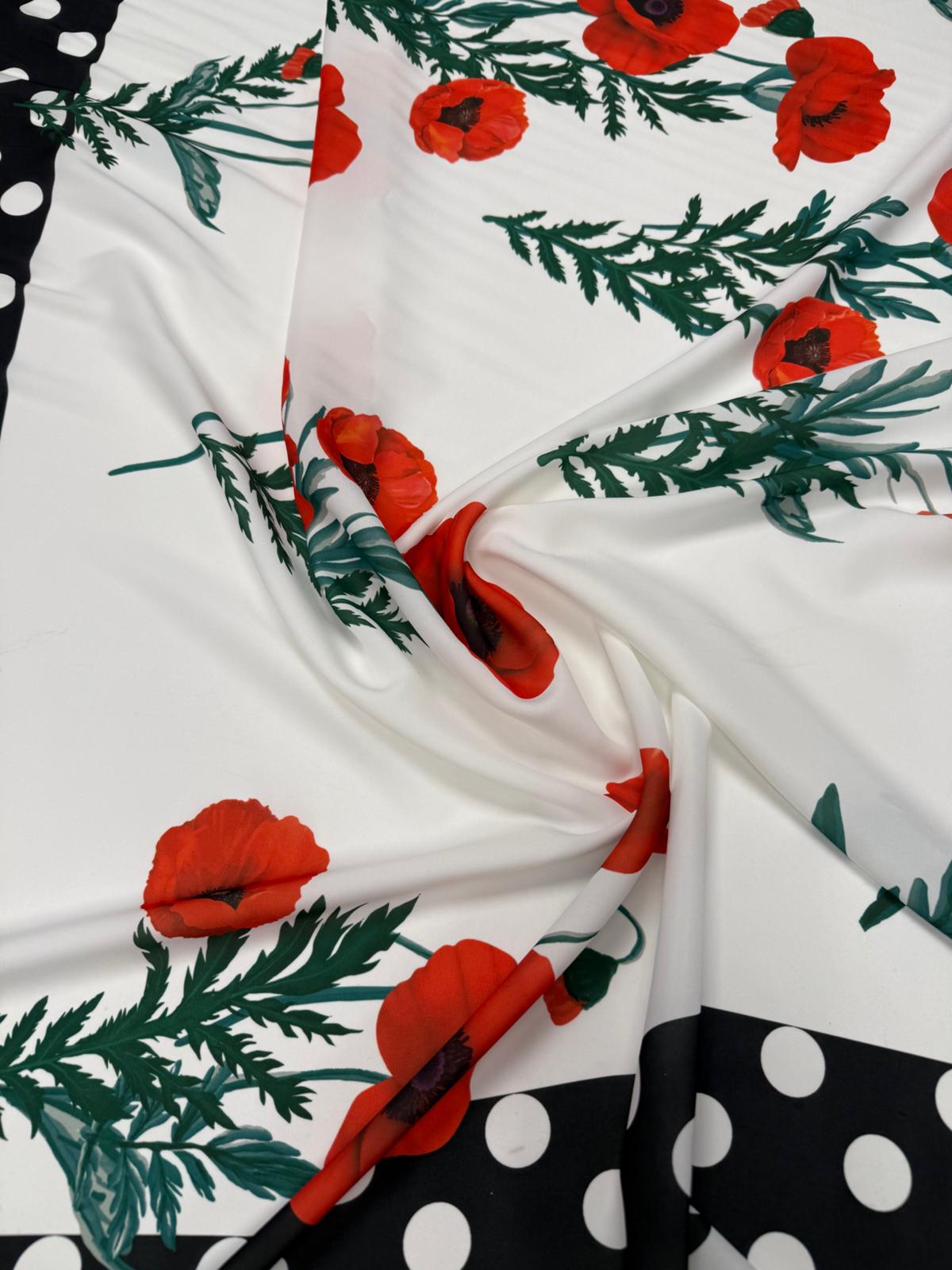 Red Poppy Print Crepe Fabric by the Metre - Whotex Fabrics London
