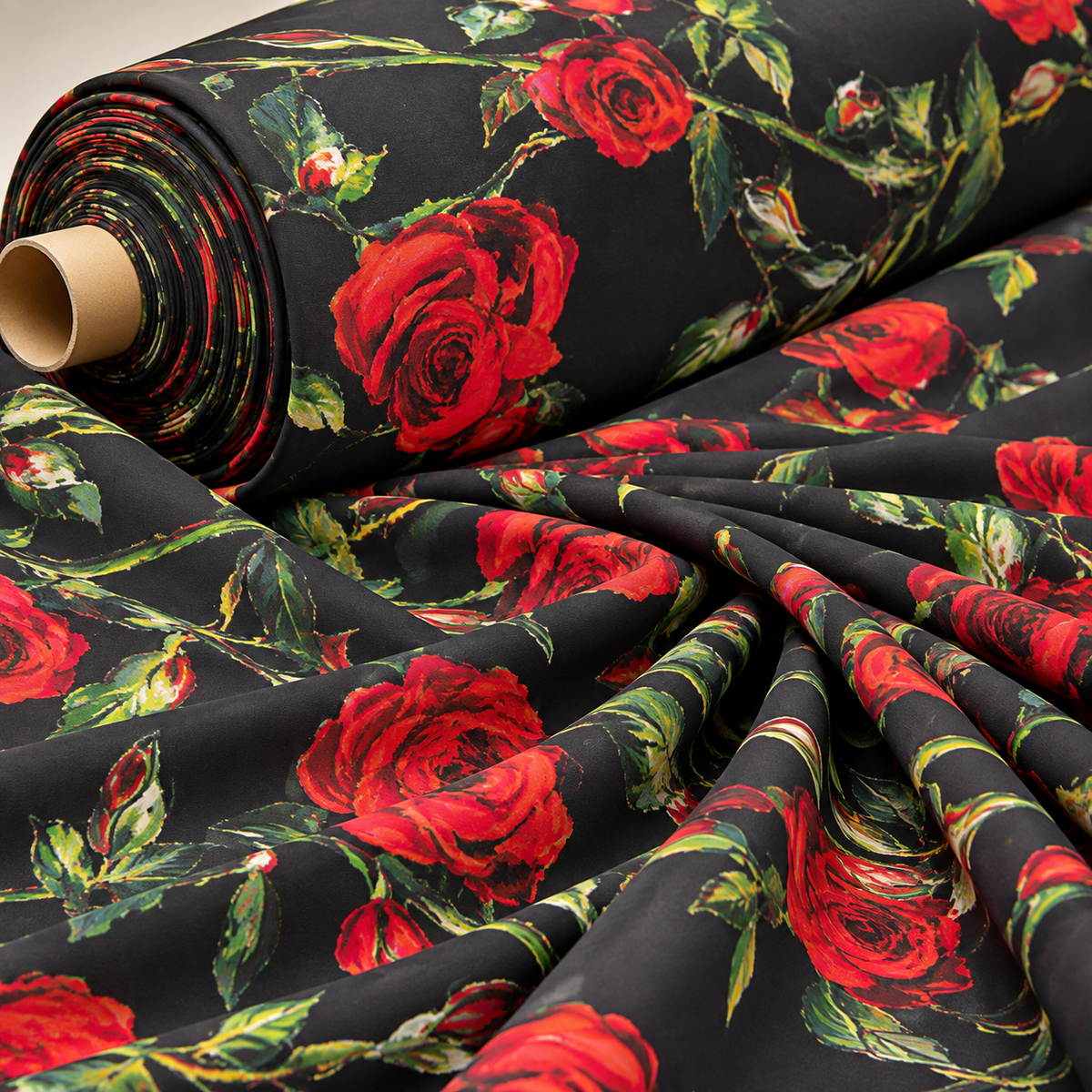 Red Rose Floral Crepe Fabric by the Metre - Whotex Fabrics London