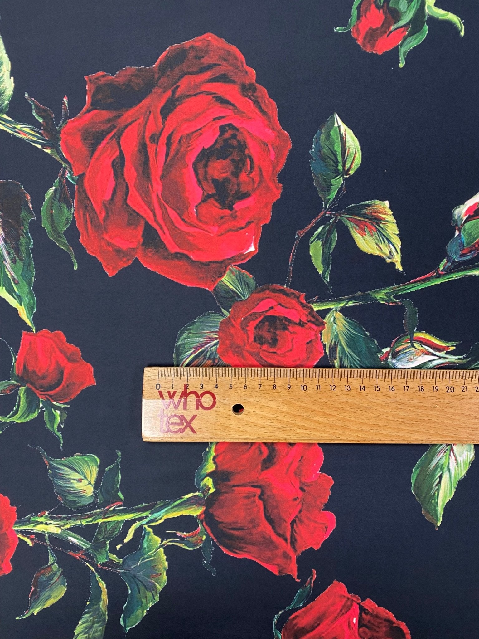 Red Rose Floral Crepe Fabric by the Metre - Whotex Fabrics London