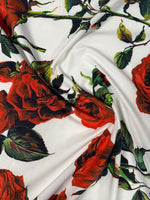 Red Rose Floral on White Organic Cotton Poplin Fabric by the Metre - Whotex Fabrics London