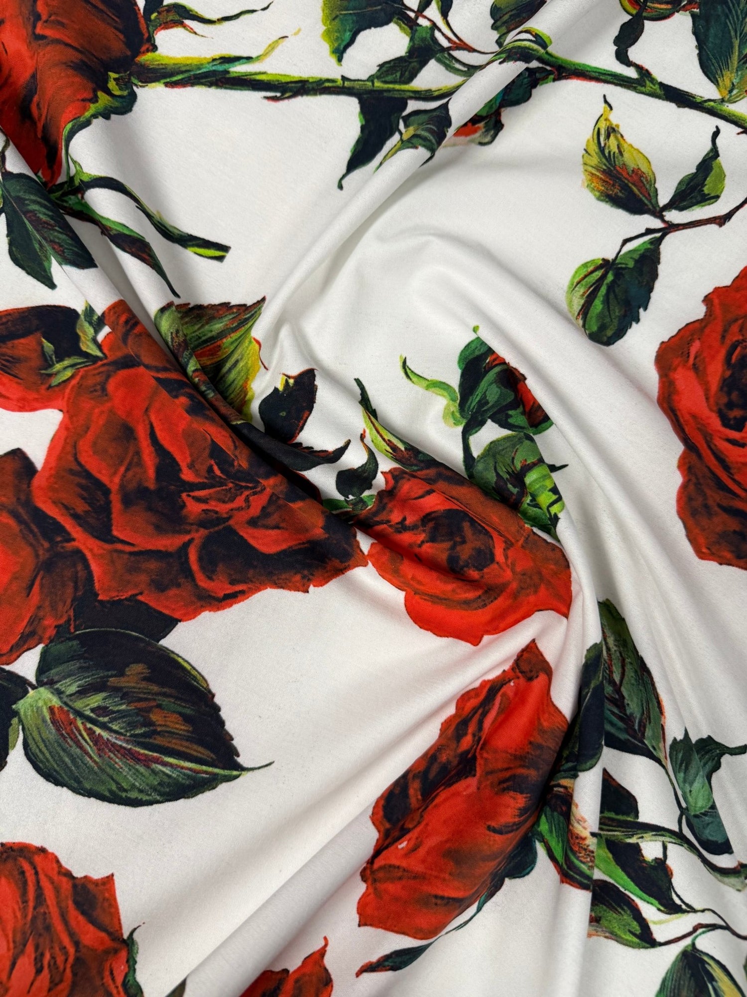 Red Rose Floral on White Organic Cotton Poplin Fabric by the Metre - Whotex Fabrics London