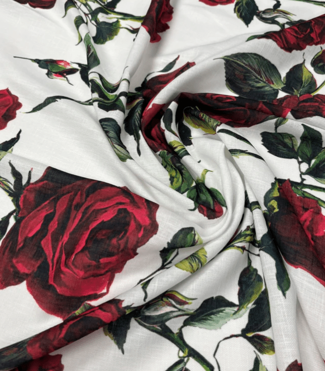 Red Rose Pattern White Fabric by Metre - Whotex Fabrics London