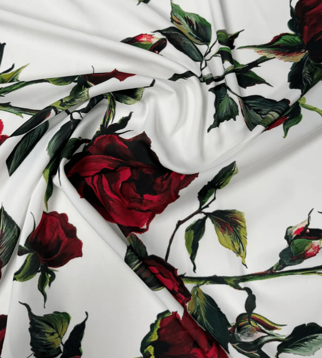 Red Rose Pattern White Fabric by Metre - Whotex Fabrics London