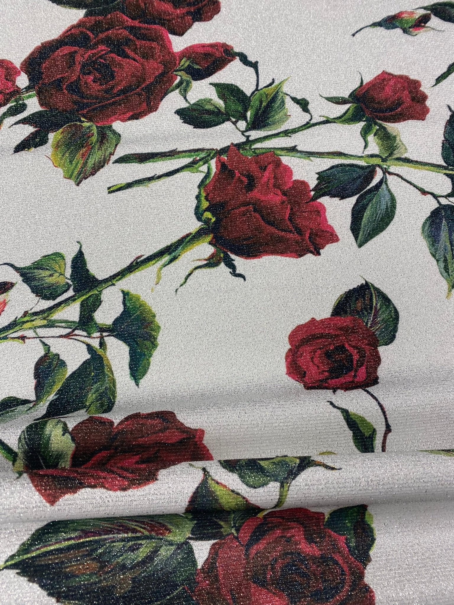 Red Rose Pattern White Fabric by Metre - Whotex Fabrics London