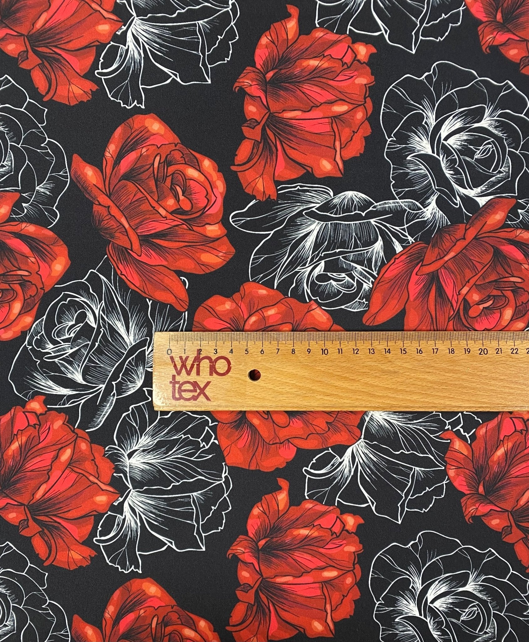 Red Rose Print Lycra Stretch Fabric by the Metre - Whotex Fabrics London