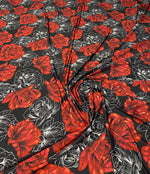 Red Rose Print Lycra Stretch Fabric by the Metre - Whotex Fabrics London