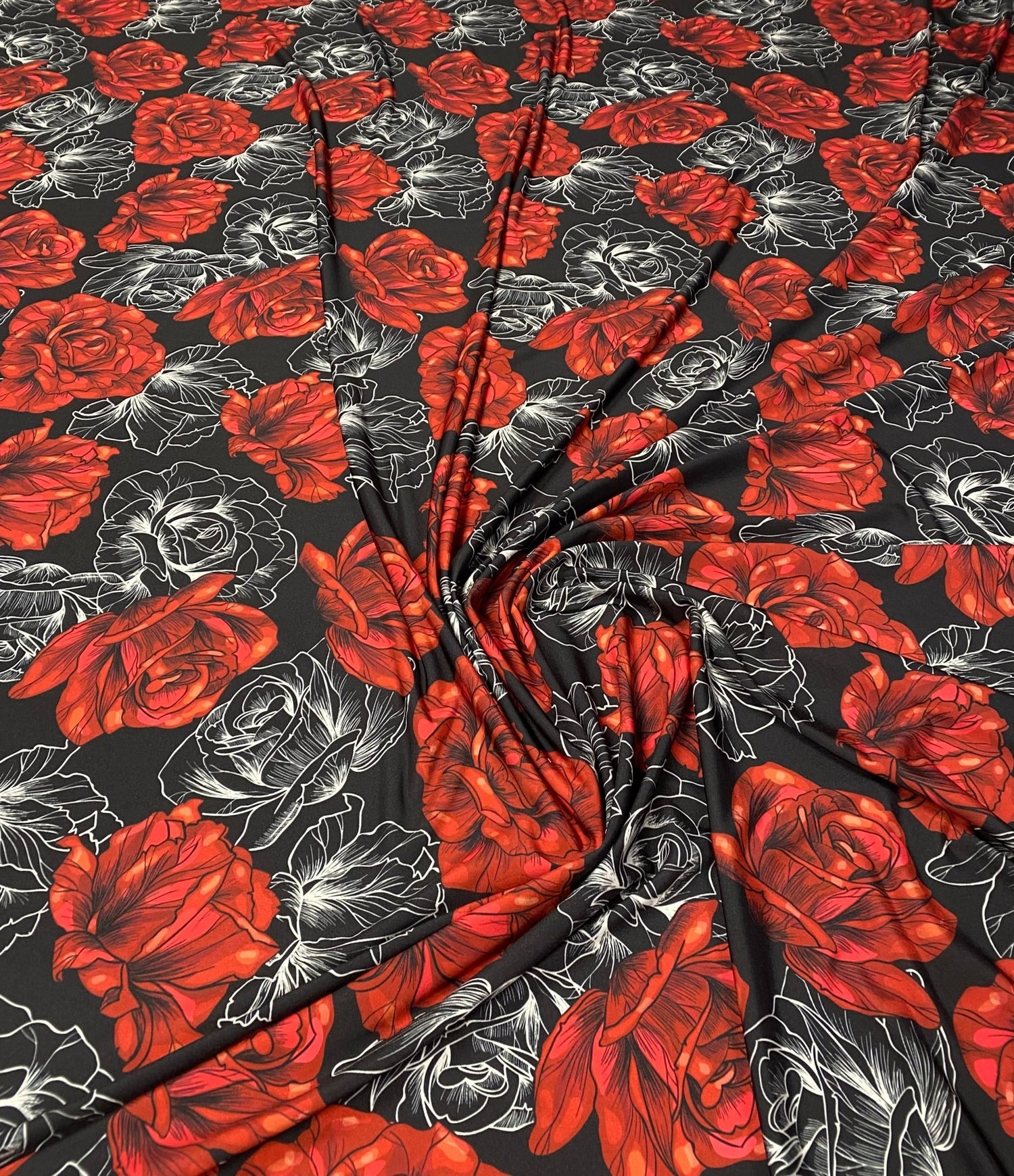 Red Rose Print Lycra Stretch Fabric by the Metre - Whotex Fabrics London