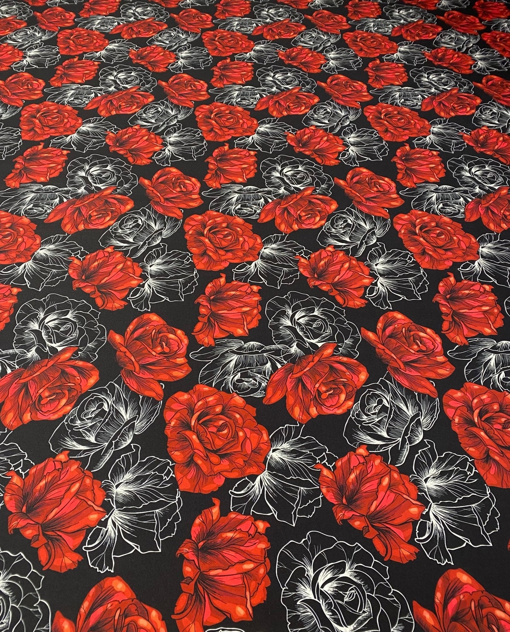 Red Rose Print Lycra Stretch Fabric by the Metre - Whotex Fabrics London