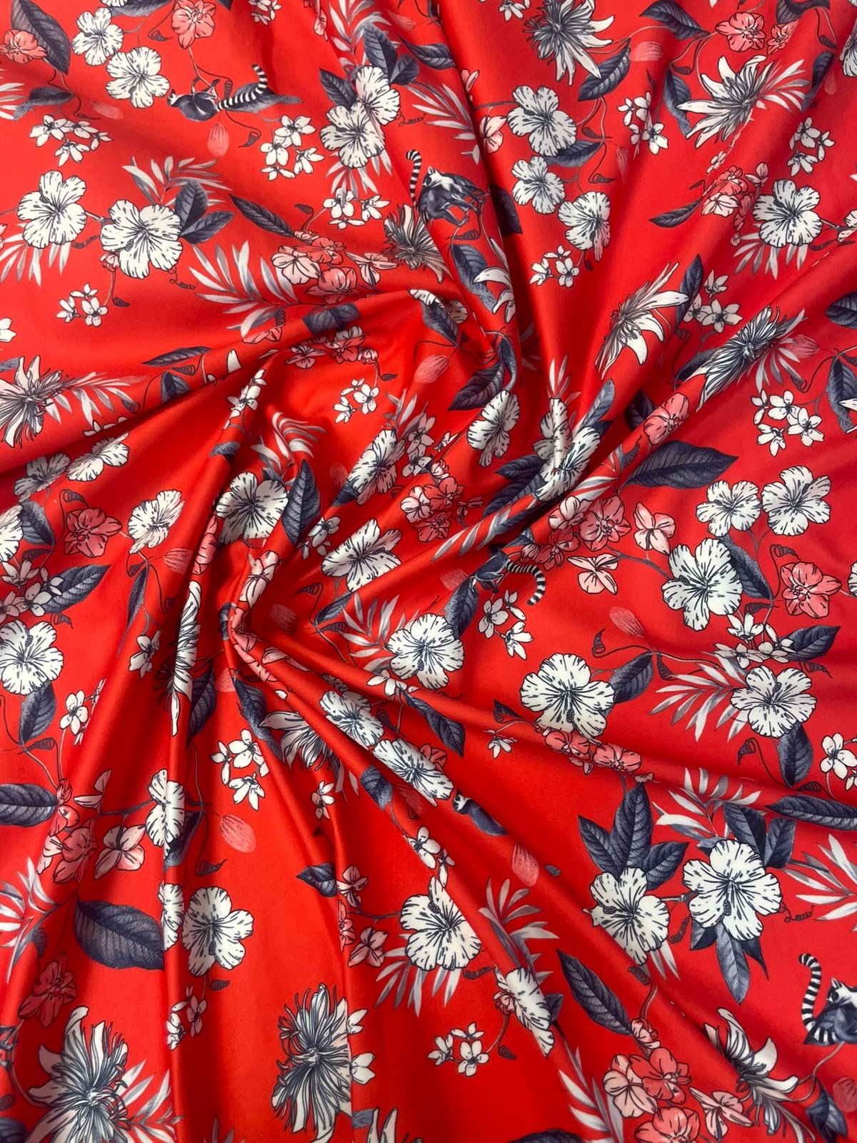 Red Tropical Floral Spandex Fabric by the Metre - Whotex Fabrics London