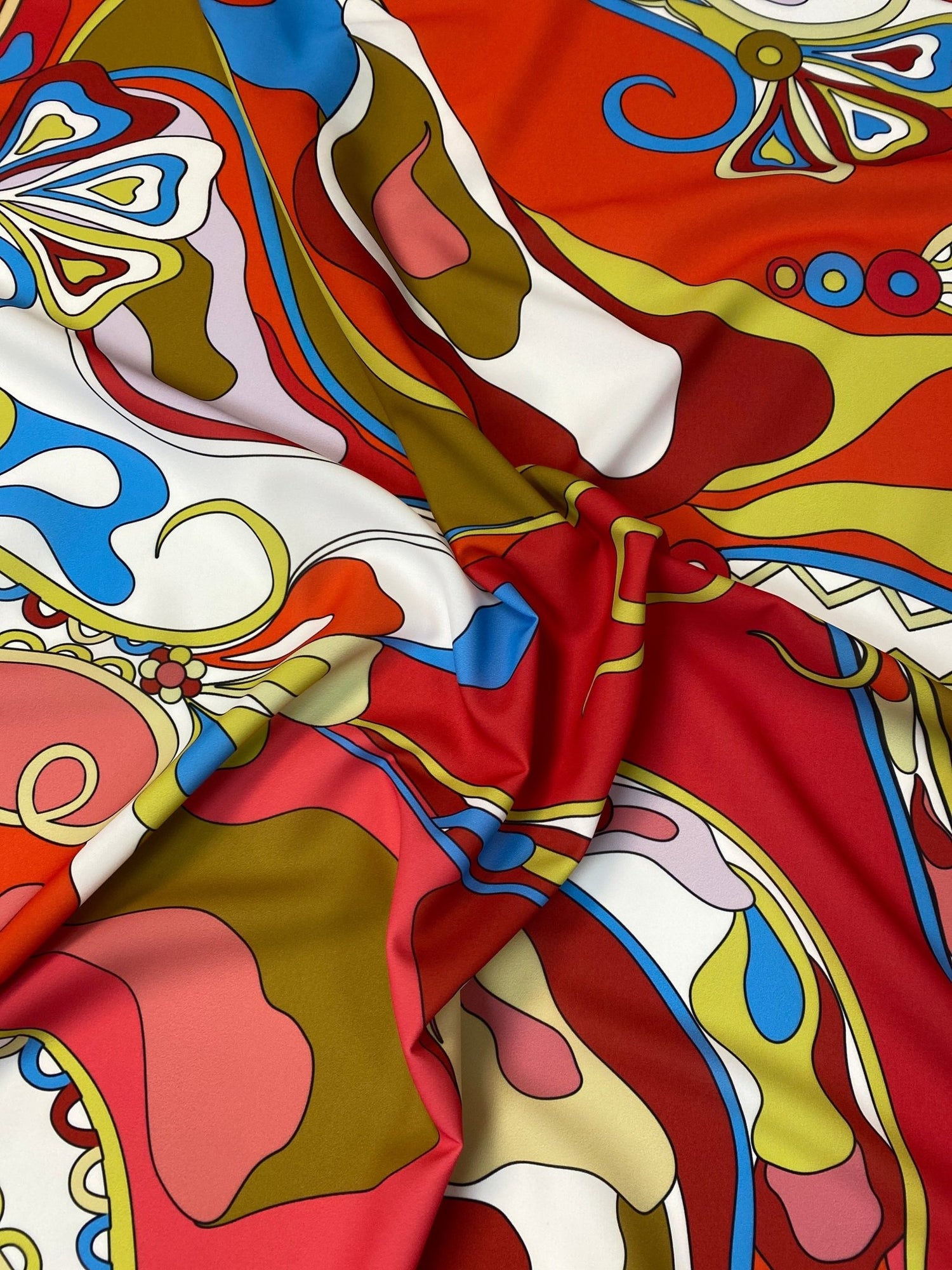 Retro Psychedelic Crepe Fabric by the Metre - Whotex Fabrics London