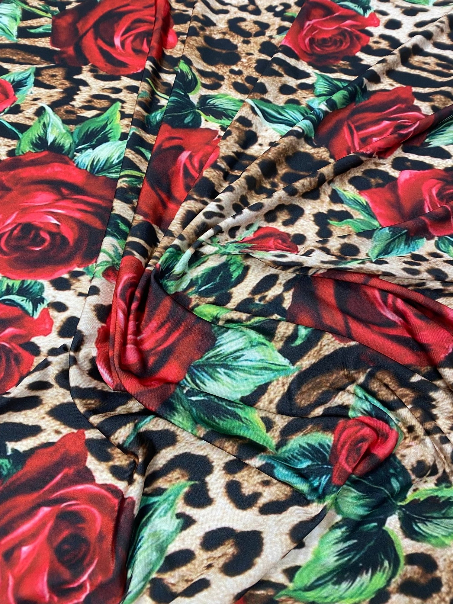 Rose & Leopard Print Lycra Stretch Fabric by the Metre - Whotex Fabrics London