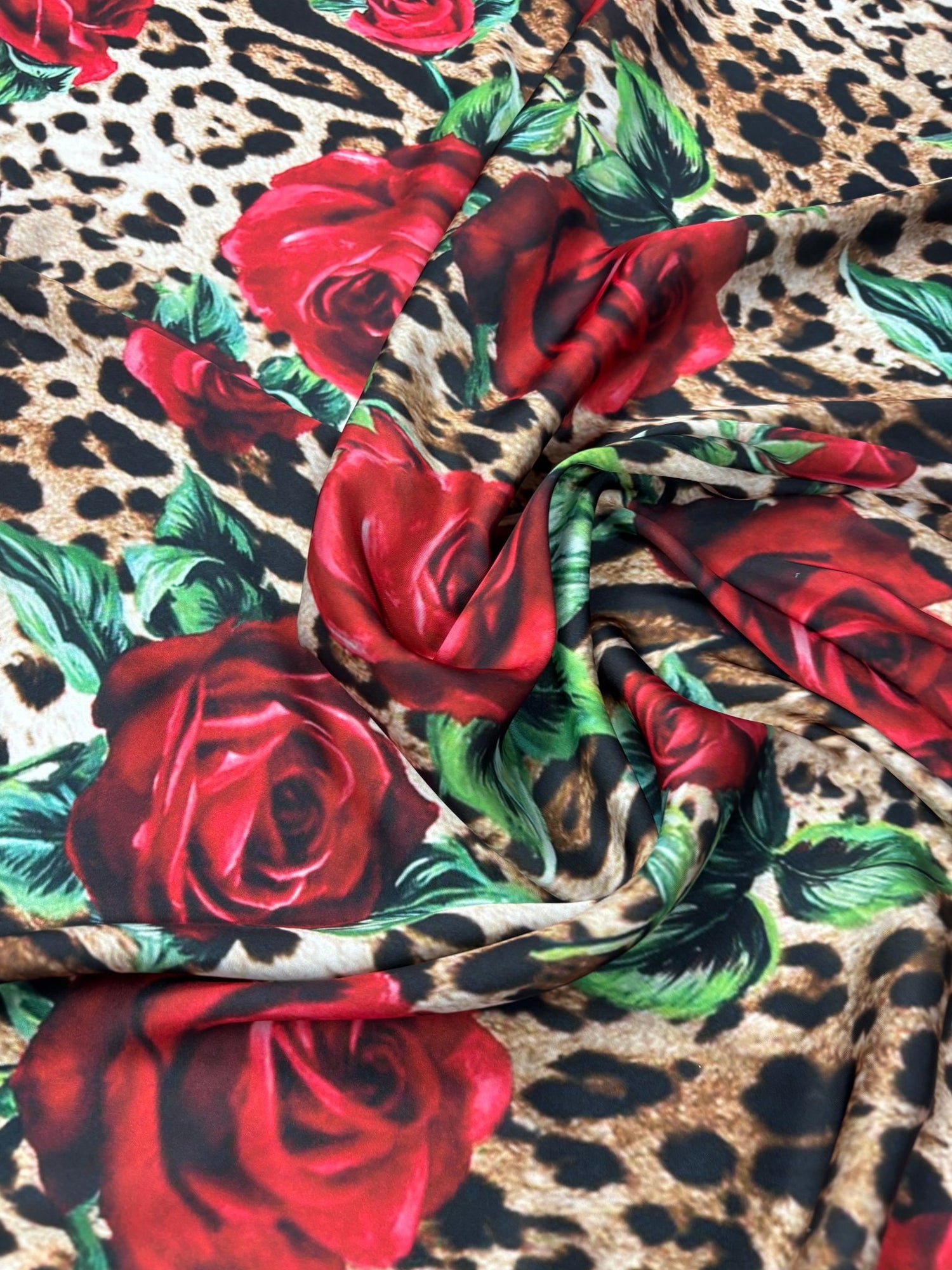 Rose & Leopard Print Satin Fabric by the Metre - Whotex Fabrics London