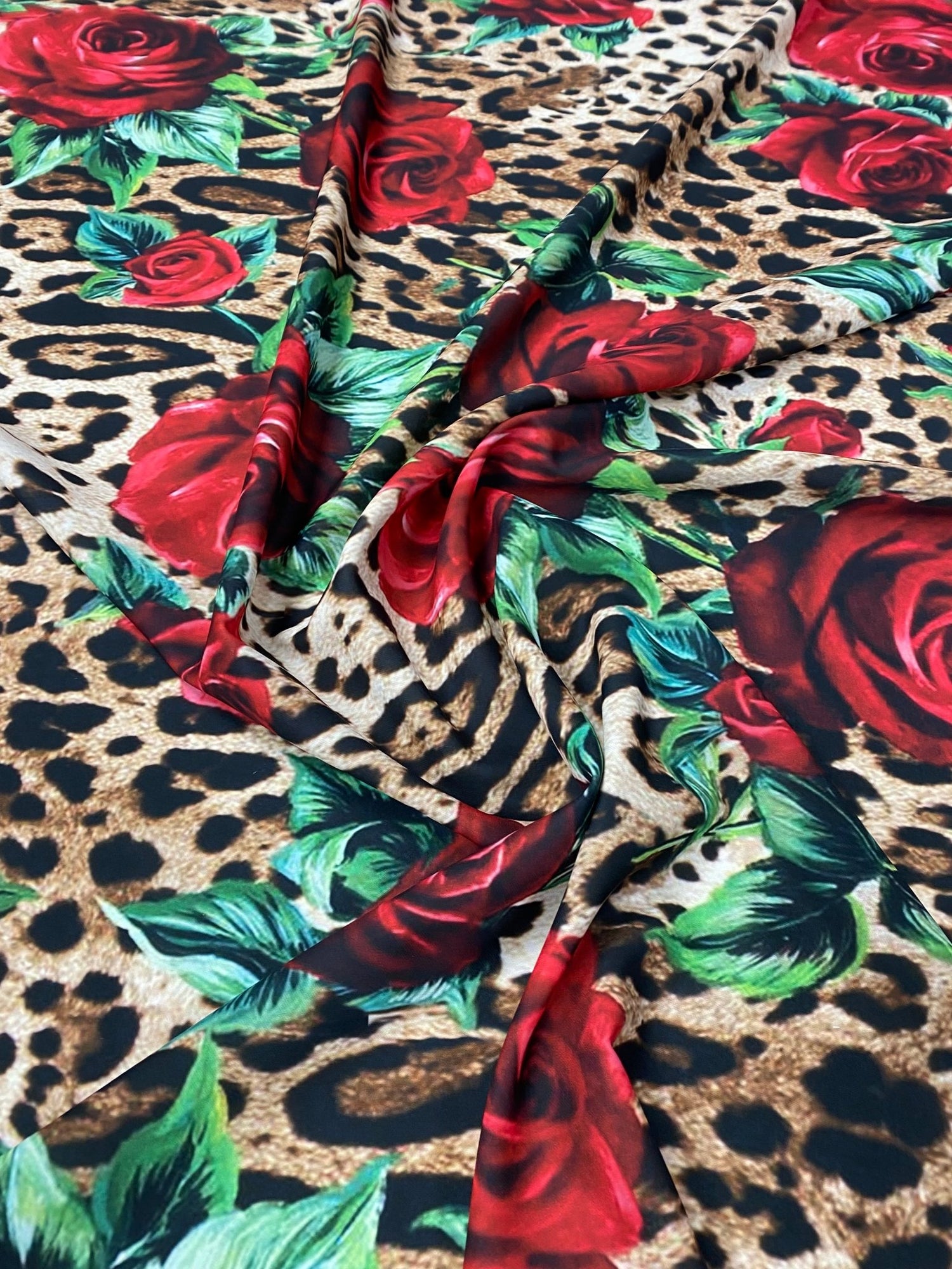Rose Print Leopard Crepe Fabric by the Metre - Whotex Fabrics London