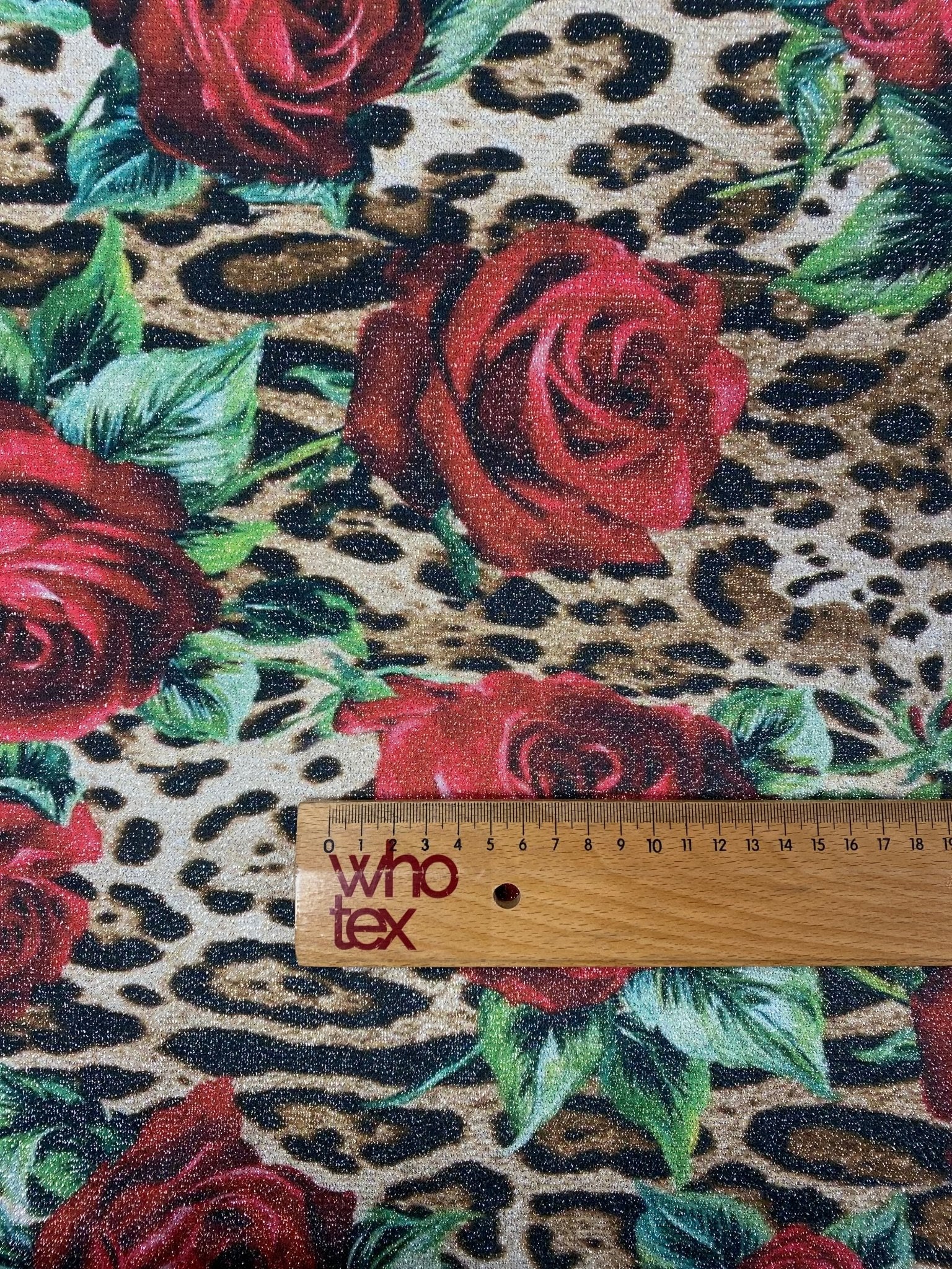 Rose Print Leopard Lurex Fabric with Subtle Shine Sold by the Metre - Whotex Fabrics London