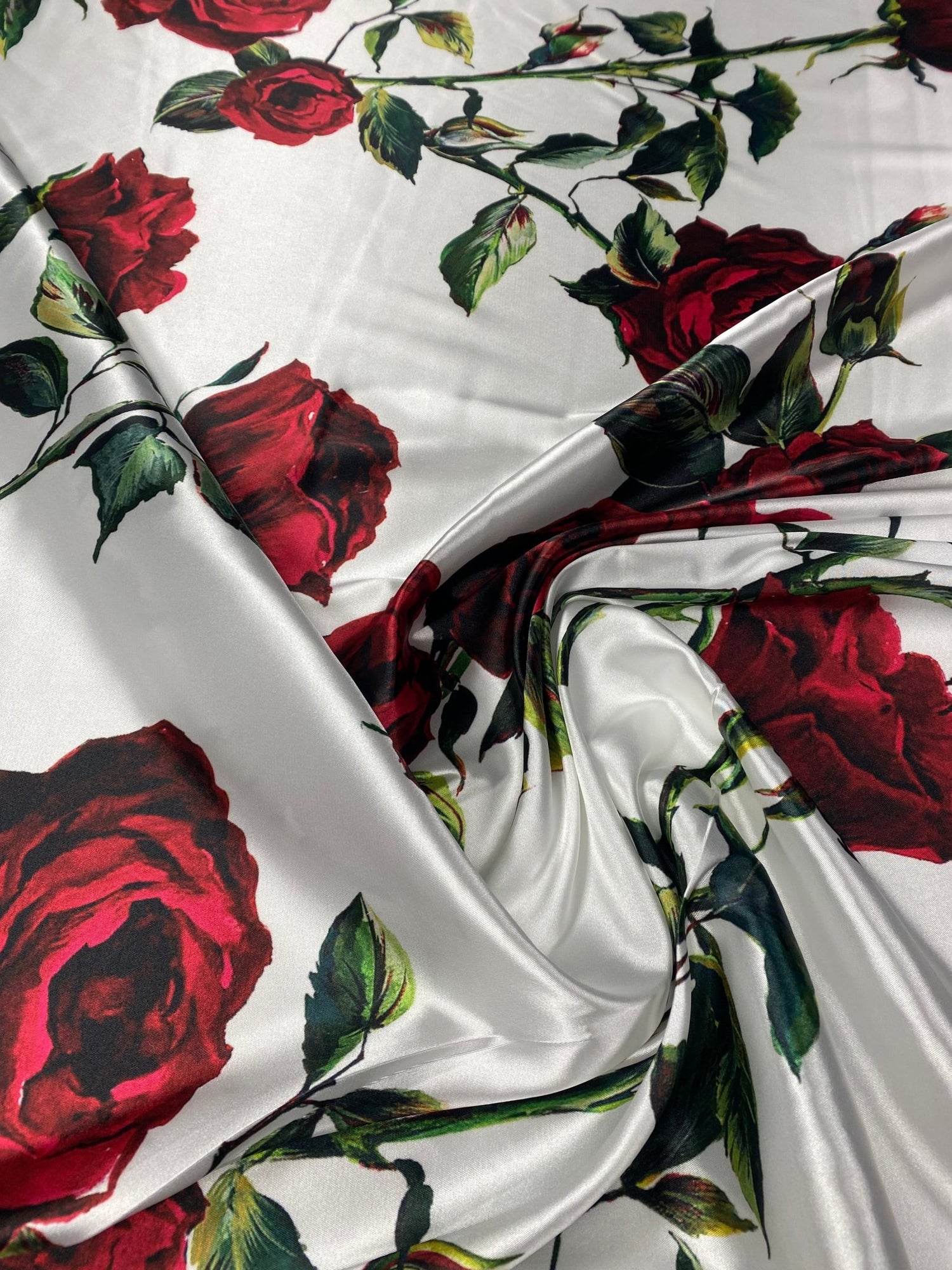 Rose Print Lycra Satin Fabric by the Metre - Whotex Fabrics London