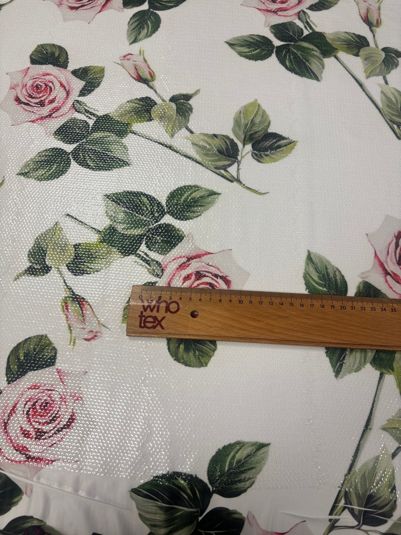 Rose Print Sequin Fabric by the Metre - Whotex Fabrics London