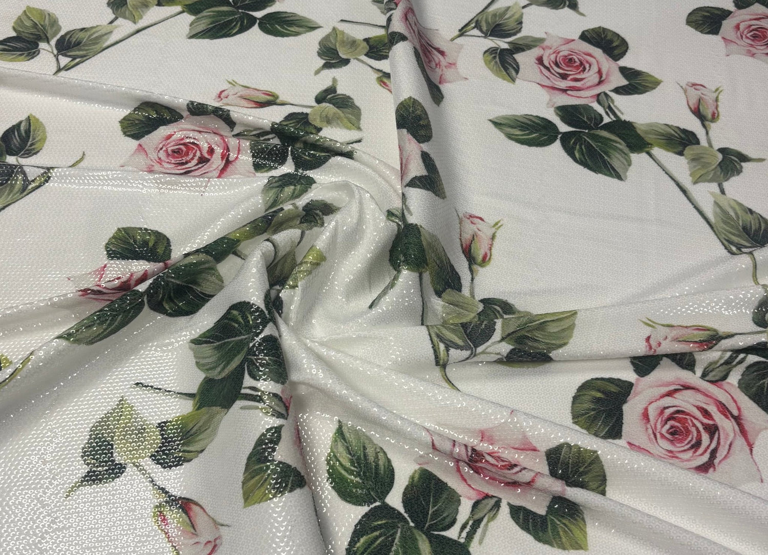 Rose Print Sequin Fabric by the Metre - Whotex Fabrics London