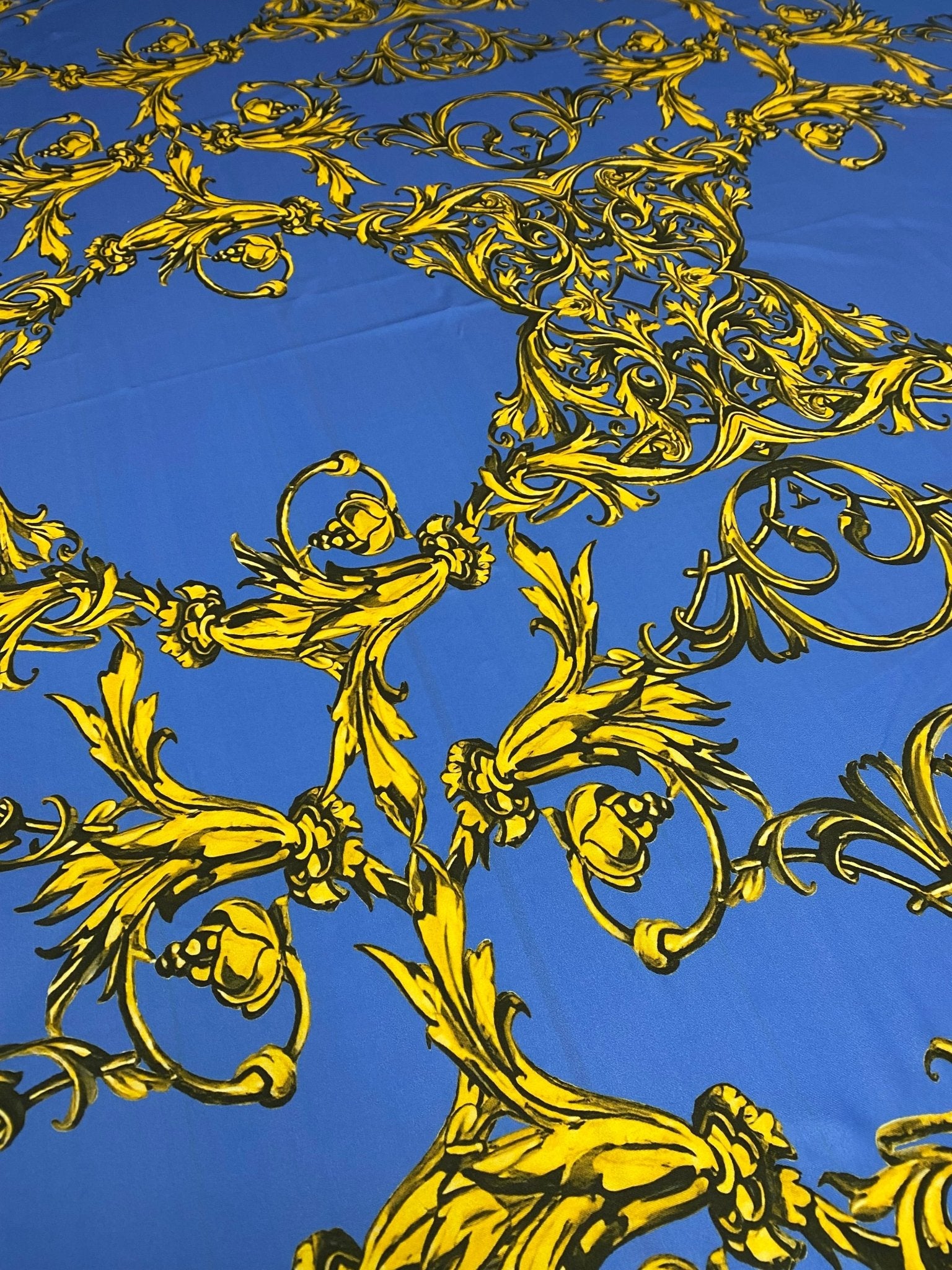 Royal Blue Baroque Pattern Fabric – Custom Printed Fabric on Satin, Crepe, Spandex or Chiffon - Whotex Fabrics London
