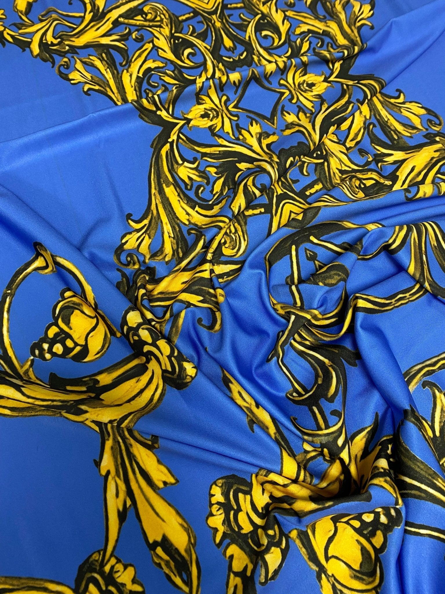 Royal Blue Baroque Pattern Fabric – Custom Printed Fabric on Satin, Crepe, Spandex or Chiffon - Whotex Fabrics London