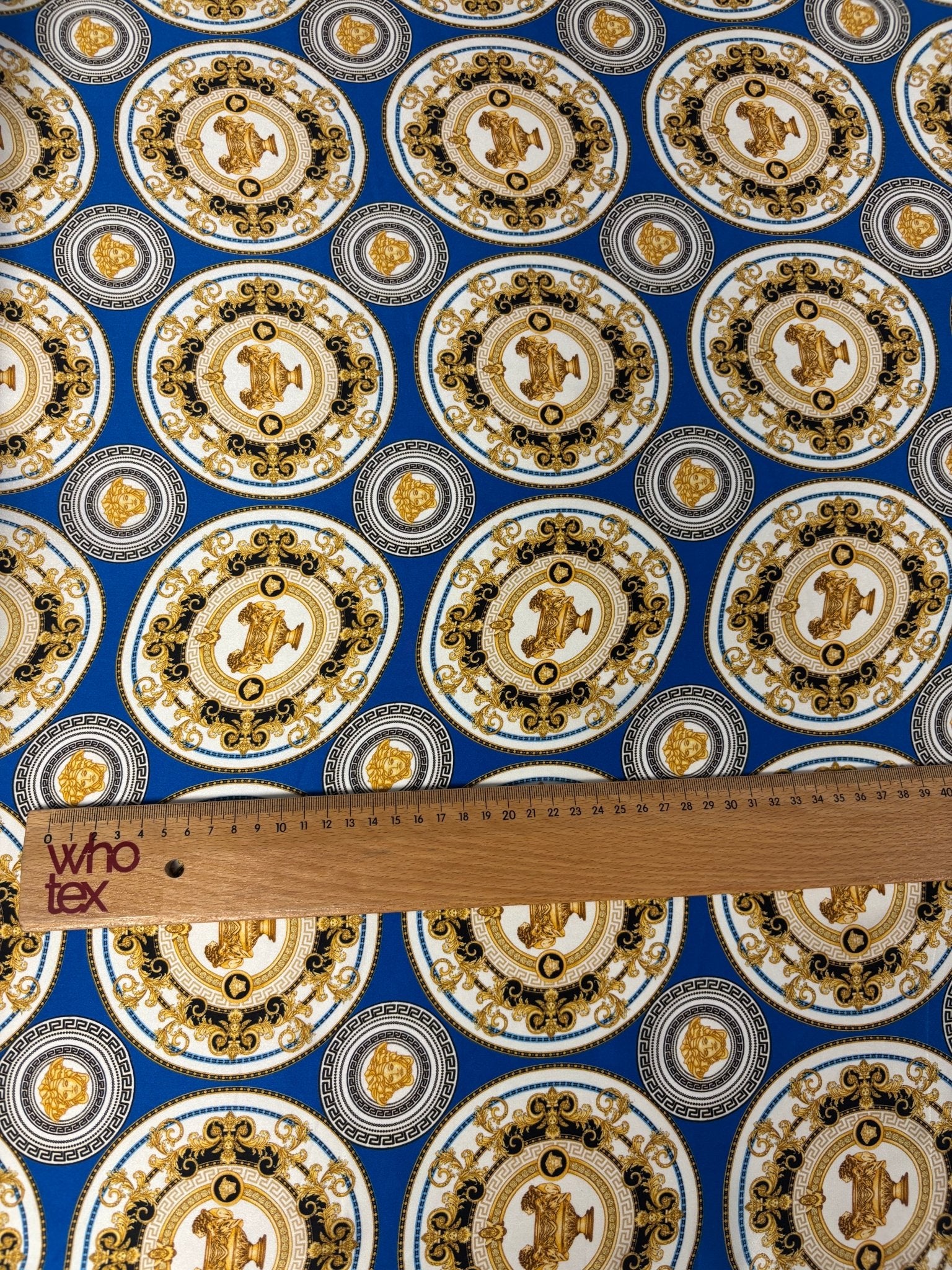 Royal Blue & Gold Chiffon Satin Fabric by the Metre – Baroque Medallion - Whotex Online Fabric Store