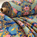 Royal Blue Ornate Fabric with Roses, Birds, and Gold Scrolls Fabric Sold by Metre - Whotex Fabrics London
