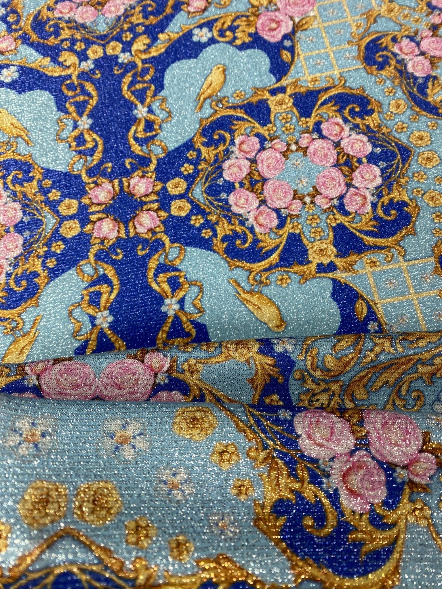 Royal Blue Ornate Fabric with Roses, Birds, and Gold Scrolls Fabric Sold by Metre - Whotex Fabrics London