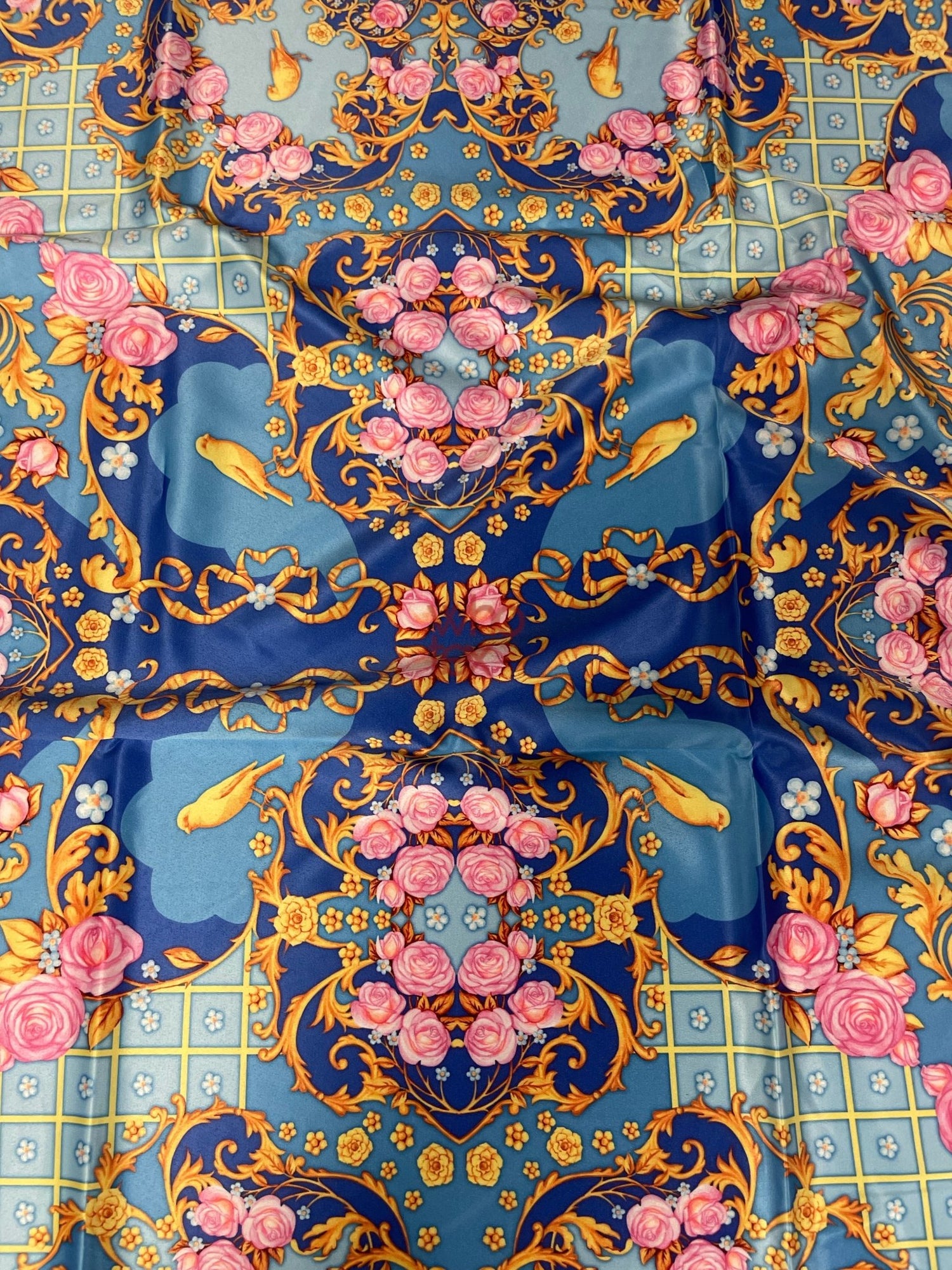 Royal Blue Ornate Fabric with Roses, Birds, and Gold Scrolls – Luxury Decorative Textile - Whotex Online Fabric Store