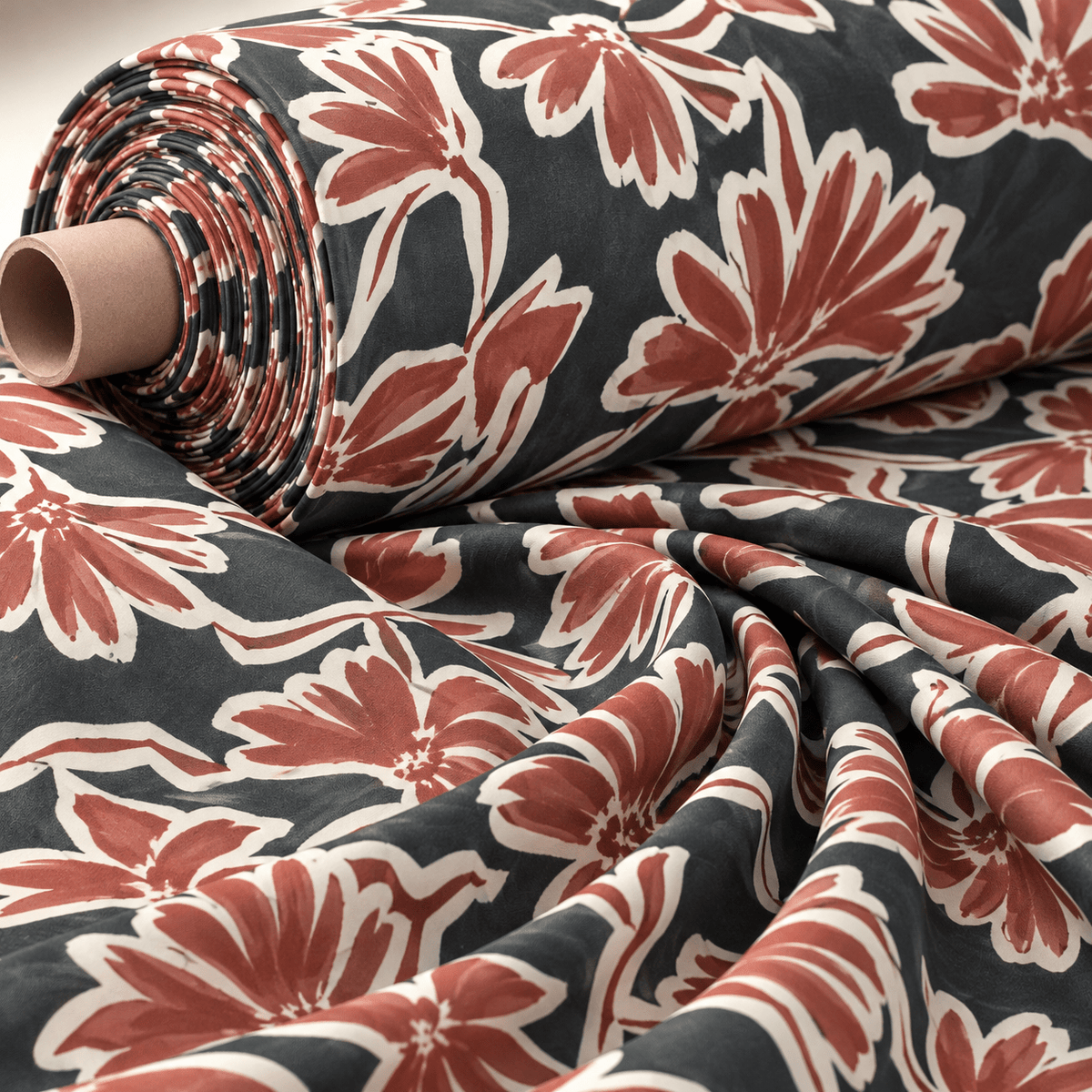 Rust Floral Print Fabric on Black - Whotex Fabrics London