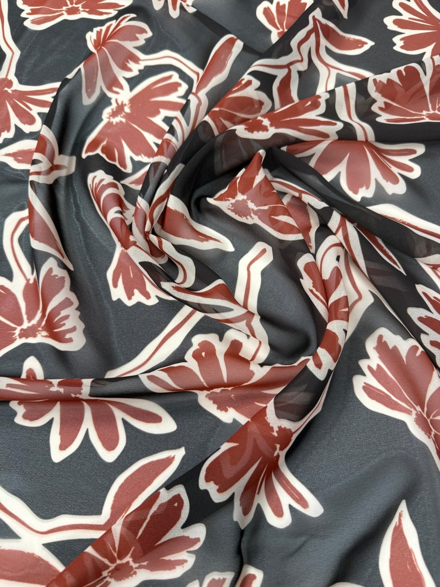 Rust Floral Print Fabric on Black – Soft Drape Material - Whotex Fabrics London