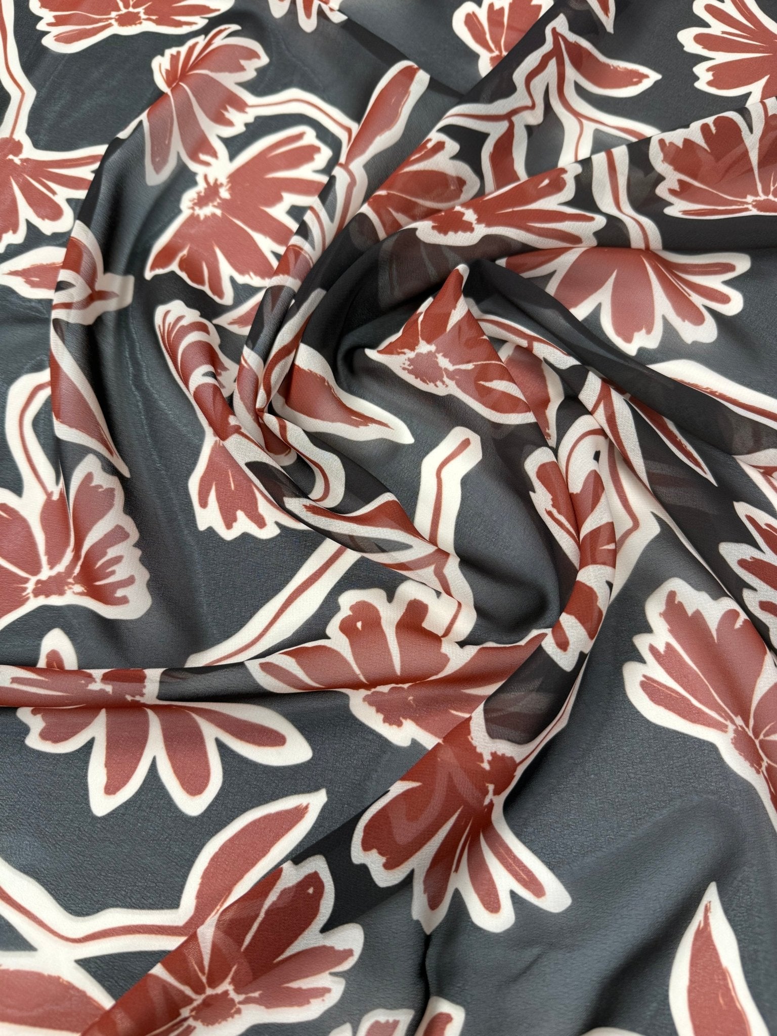 Rust Floral Print Fabric on Black – Soft Drape Material - Whotex Fabrics London