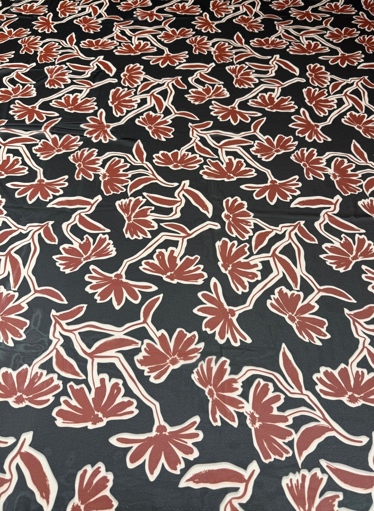 Rust Floral Print Fabric on Black – Soft Drape Material - Whotex Fabrics London