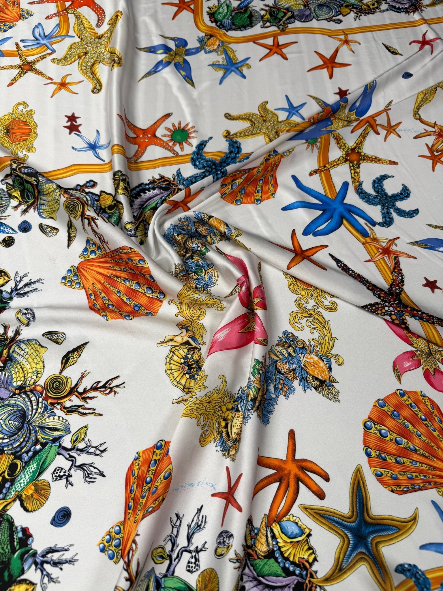 Sea Life Print Satin Fabric by the Metre - Whotex Fabrics London