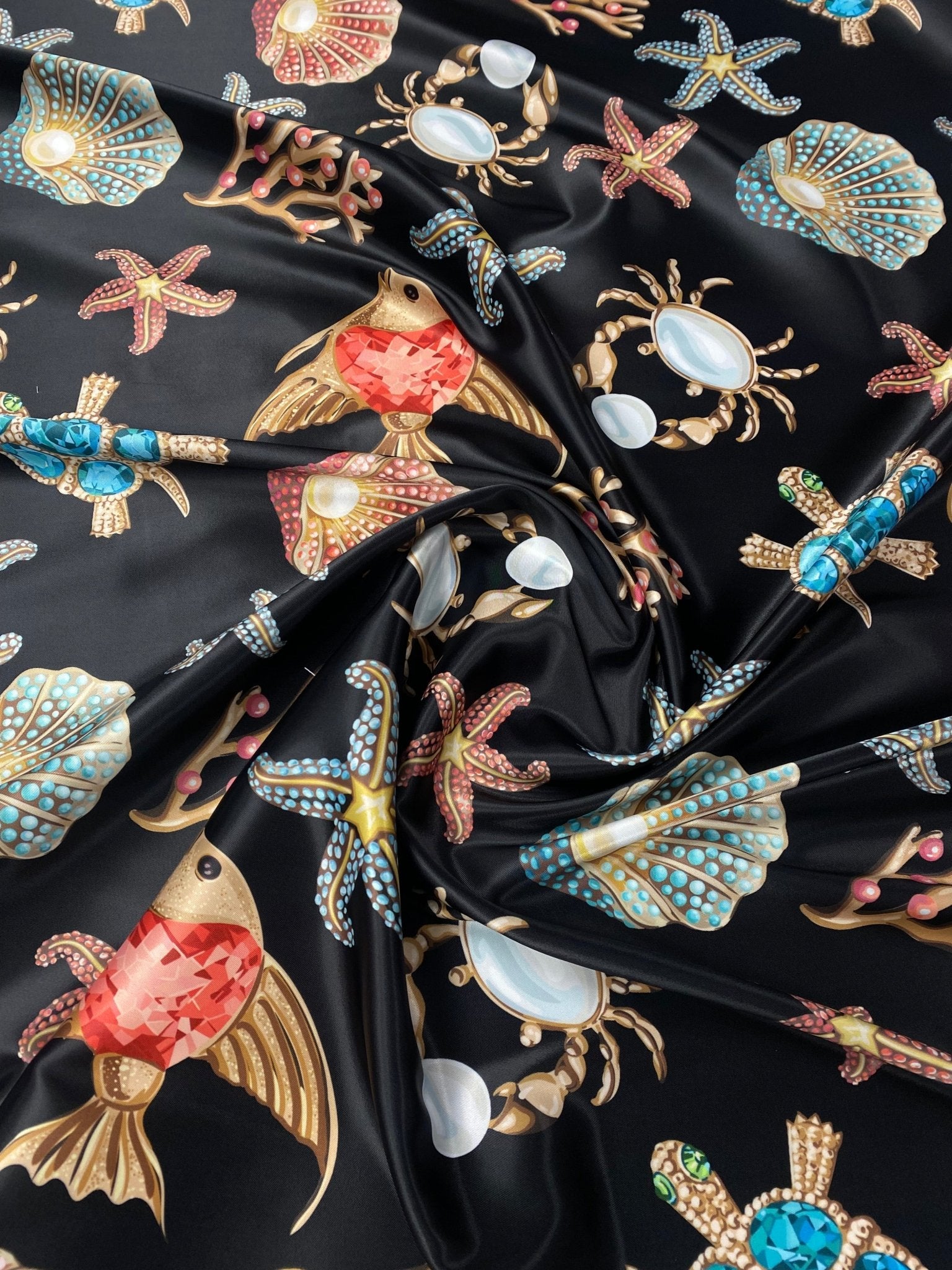 Sea Shell and Starfis Pattern Fabric – Custom Printed Fabric on Satin ...